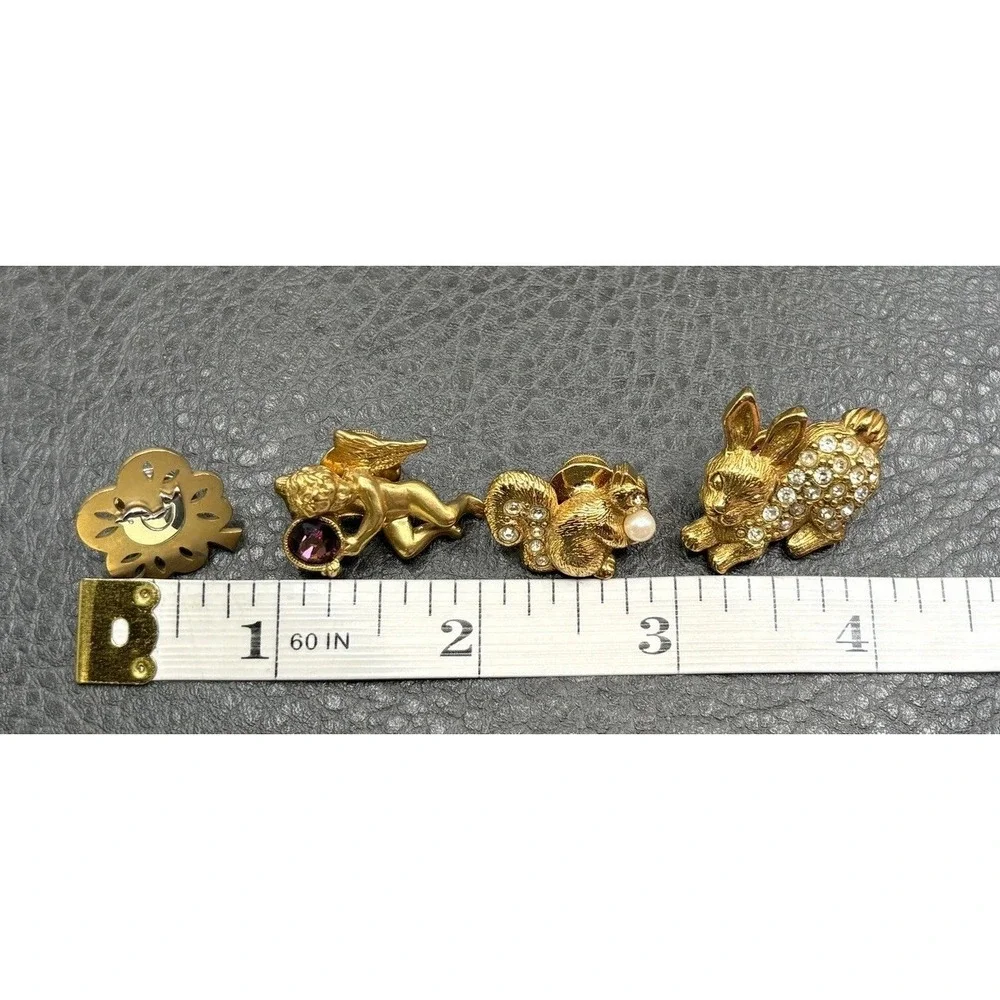 Vintage Lot Of 4 Rhinestone Lapel Pin Lot Cherub Squirrel Rabbit Bird Gold Tone
